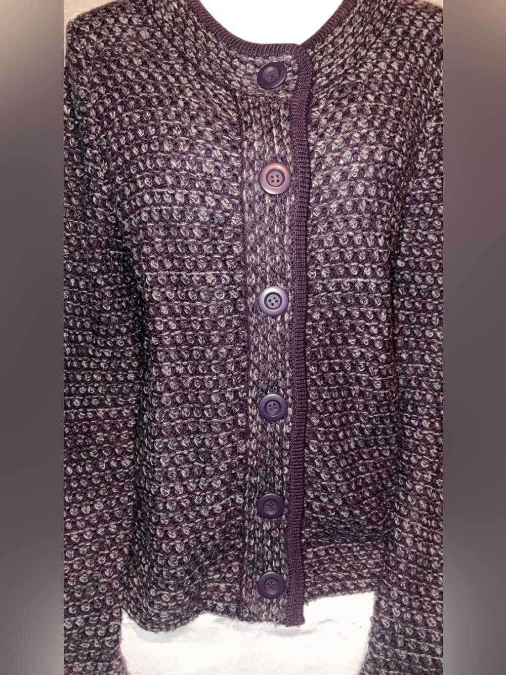 Christopher & Banks Large Purple Textured Knit Cardigan Sweater Wool Blend - Picture 2 of 5